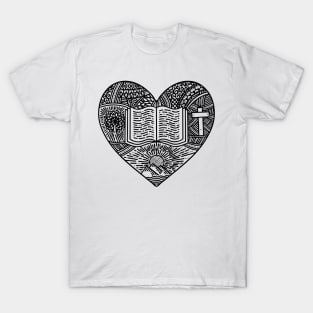 A hand-drawn heart, the Bible, the journey from creation to redemption T-Shirt